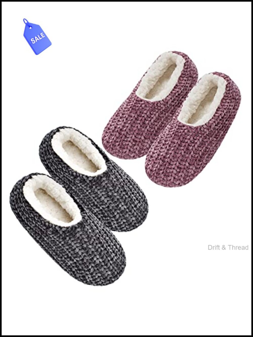 Womens Knit Slippers Sherpa Lined Non Slip 2 Pair Slipper Socks